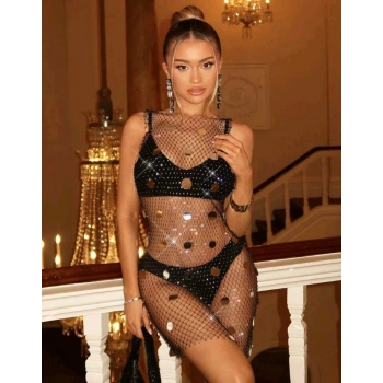 Işıltılı Pullu , Taşlı File ELBİSE– Kolsuz, Transparan, Parlak Gece Elbisesi