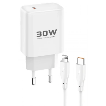 JK89 30W Type-C Çıkışlı Ekstra DC66 1M Type-C to Lightning Kablolu PD Şarj Cihazı - Beyaz