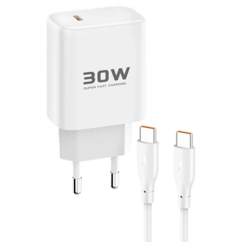 JK89 30W Type-C Çıkışlı Ekstra DC67 1M Type-C to Type-C Kablolu PD Şarj Cihazı - Beyaz