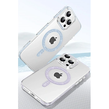  Apple iPhone 14 Move Taşlı Magsafe Kapak - Gümüş