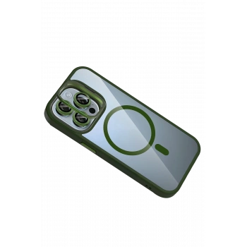  Apple iPhone 14 Pro Max Remim Lensli Magsafe Standlı Kapak - Koyu Yeşil