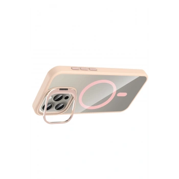  Apple iPhone 14 Pro Max Remim Lensli Magsafe Standlı Kapak - Pembe