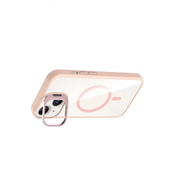  Apple iPhone 15 Plus Remim Lensli Magsafe Standlı Kapak - Pembe