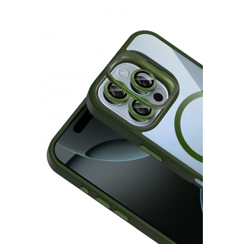 Apple iPhone 16 Pro Max Remim Lensli Magsafe Standlı Kapak - Koyu Yeşil