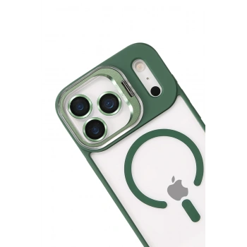  Apple iPhone 17 Pro Max Remim Lensli Magsafe Standlı Kapak - Koyu Yeşil