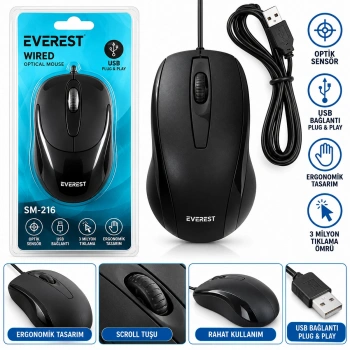 KABLOLU USB - IŞIKLI SİYAH OPTİCAL MOUSE 1200 DPI SM-216 (4887)