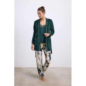 Kadife Sabahlık, Dantelli Atlet Ve Desenli Pantolon Pijama Takımı