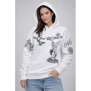Kadın 3 İplik Pamuklu Kapüşonlu Baskılı SweatShirt hoodie - Beyaz