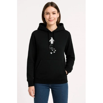 Kadın 3 İplik Pamuklu Kapüşonlu Hoodie Sweatshirt Nihilist Penguen Baskılı - Siyah