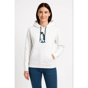 Kadın 3 İplik Pamuklu Kapüşonlu Hoodie Sweatshirt Survivor Penguen Baskılı - Beyaz