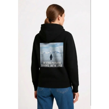 Kadın 3 İplik Pamuklu Kapüşonlu Hoodie Sweatshirt Survivor Penguen Baskılı - Siyah