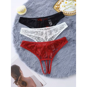 Kadın 3lü Seksi Ağ Bölgesi Açık Dantelli Tanga Seti