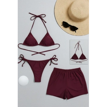 Kadın 3lü Set Bordo Şortlu Ve Yandan Bağlamalı Bikini Mayo Takımı