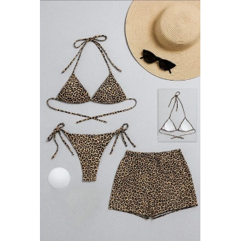 Kadın 3lü Set Leopar Desenli Şortlu Ve Yandan Bağlamalı Bikini Mayo Takımı