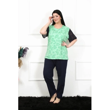 Kadın 5XL-6XL-7XL-8XL Büyük Beden Kısa Kol Pijama Takım Yeşil