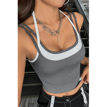 Kadın Antrasit Gri Beyaz Çift Renk Çapraz Askılı Crop Top Bluz