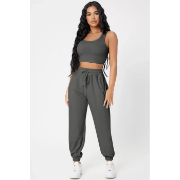 Kadın Antrasit Gri Kaşkorse Cepli Jogger Eşofman Altı Ve Crop Top Bluz
