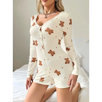 Kadın Bej Ayıcık Desenli Pijama Tulumu 5123