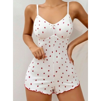 Kadın Beyaz Çilek Baskılı Pijama Tulumu 5127