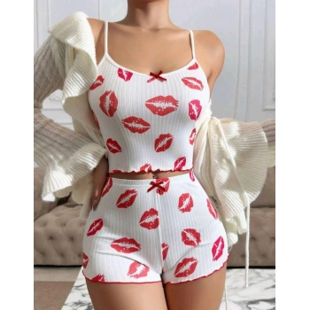 Kadın Beyaz Dudak Desenli Seksi Gecelik Takım 5021