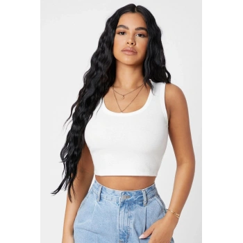 Kadın Beyaz Kare Yaka Crop Top Bluz
