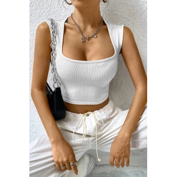 Kadın Beyaz Kare Yaka Kalınlaşan Omuz Detaylı Crop Top Bluz