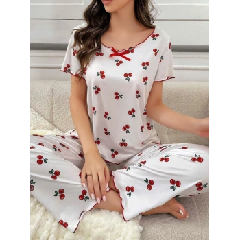 Kadın Beyaz Kiraz Desenli Kısa Kollu Yumuşak Pijama Takımı 5128