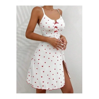 Kadın Beyaz Kırmızı Kalp Desenli Askılı  Elbise 5066