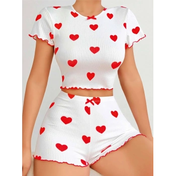 Kadın Beyaz kırmızı kalp Desenli şortlu Gecelik Takım 5023