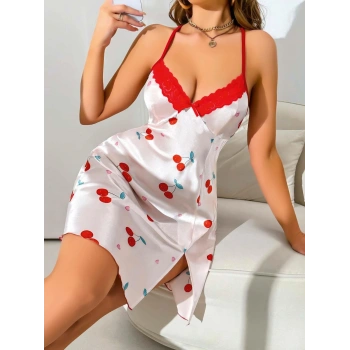 Kadın Beyaz Kırmızı kiraz Desenli saten Gecelik 2230