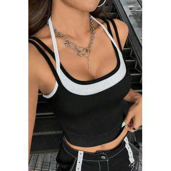 Kadın Beyaz Siyah Çift Renk Çapraz Askılı Crop Top Bluz