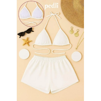 Kadın Beyaz Şortlu Belden Ve Boyundan Bağlamalı Bikini Takımı