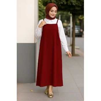Kadın Bordo Basic Ayarlanabilir Askılı Jile Elbise