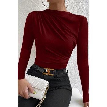Kadın Bordo Belden Ve Boyundan Büzgü Detaylı Uzun Kollu Bluz