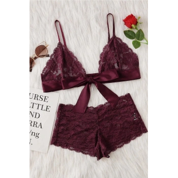 Kadın Bordo Dantelli & Kurdelalı Sütyen Külot Takımı