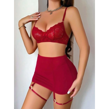 Kadın Bordo Etek Fantazi Jartiyer Sexy Gecelik Takım 3833