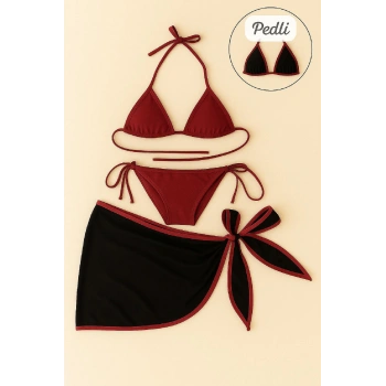 Kadın Bordo Siyah Pareolu Yandan Ve Boyundan Bağlamalı 3lü Bikini Takımı