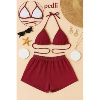 Kadın Bordo Şortlu Belden Ve Boyundan Bağlamalı Bikini Takımı