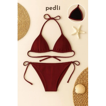 Kadın Bordo Yandan Ve Boyundan Bağlamalı Bikini Mayo Takımı