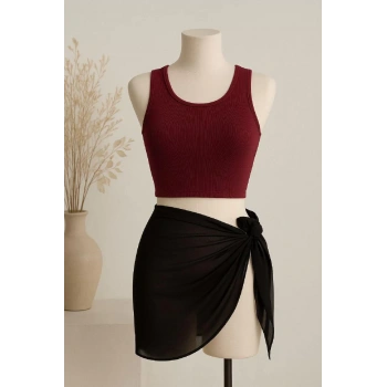 Kadın Bordo Yuvarlak Yaka Crop Ve Siyah Pareo 2li Set