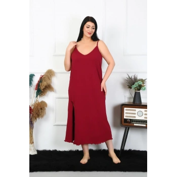 Kadın Büyük Beden İp Askılı Pamuklu Bordo Uzun Gecelik