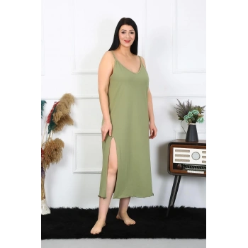 Kadın Büyük Beden İp Askılı Pamuklu Haki Uzun Gecelik