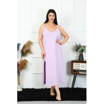 Kadın Büyük Beden İp Askılı Pamuklu Lila Uzun Gecelik