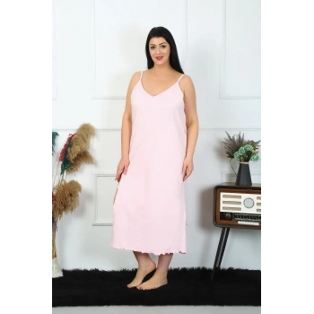 Kadın Büyük Beden İp Askılı Pamuklu Pembe Uzun Gecelik