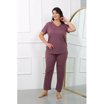 Kadın Büyük Beden Kısa Kol Penye Pijama Takımı Mürdüm