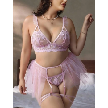 Kadın Büyük Beden Pembe Seksi Tasarım  Fantezi Jartiyer Takımı 8017