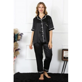 Kadın Büyük Beden Siyah Saten Pijama Takımı