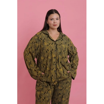 Kadın Büyük Beden Tropikal Yaprak Desenli Düğmeli Pijama Takımı