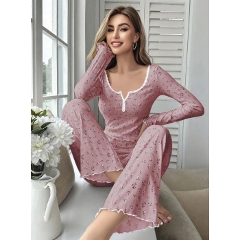 Kadın Çiçek Desenli Yumuşak Pamuklu Uzun Pijama Takımı 5132