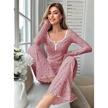 Kadın Çiçek Desenli Yumuşak Pamuklu Uzun Pijama Takımı 5132